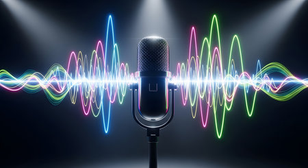 microphone and sound wave on black background, 3d render illustrationの素材