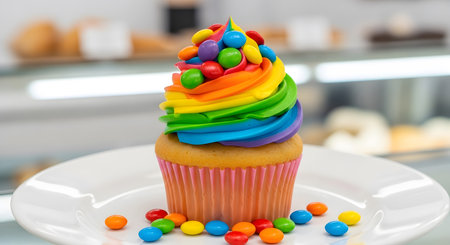 Rainbow cupcake with colorful candies on the table in the kitchenの素材