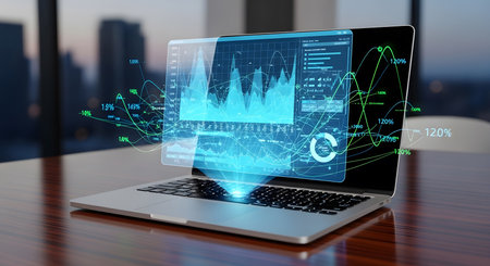 laptop displaying financial data and charts with holographic projectionの素材