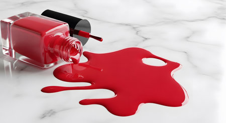 Red nail polish spilled on white marble background. 3d render illustrationの素材