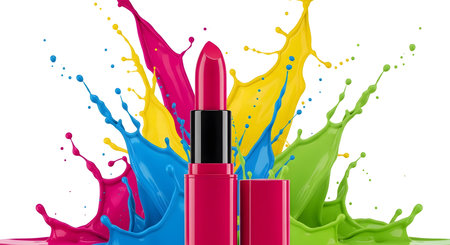 Lipstick and colorful paint splashes isolated on white background.の素材
