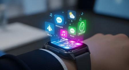 smartwatch displaying holographic app icons with futuristic interfaceの素材