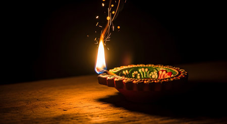 Indian festival Diwali, Diya oil lamps lit on colorful rangoli. Hindu traditional. Selective focus.の素材