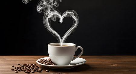 Coffee cup with heart shape on wooden table and black backgroundの素材