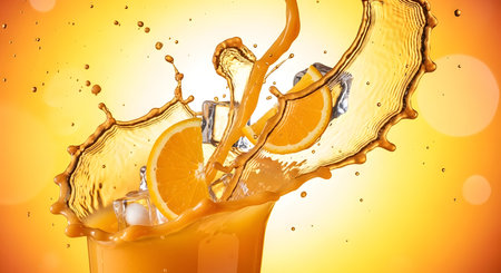 orange juice splashing with ice cubes and orange slicesの素材