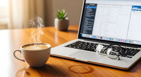 Coffee cup and laptop computer on the wooden table in officeの素材