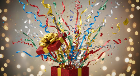 explosion of colorful confetti and streamers from an open gift boxの素材