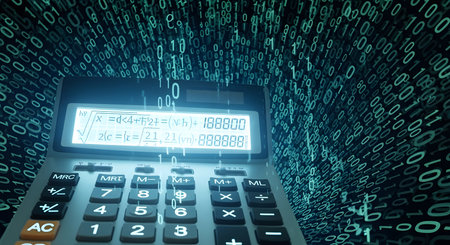 Binary code and calculator on a blue background. 3d renderingの素材