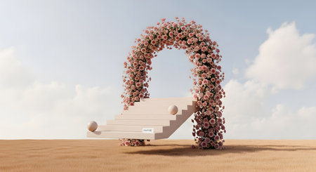 Conceptual image with a stair made of flowers in the desertの素材