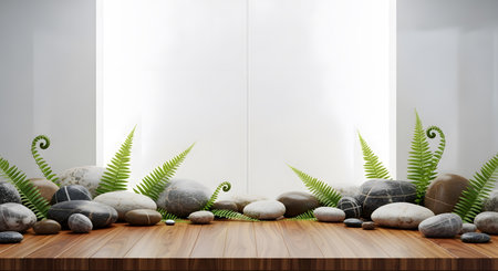 Wooden floor with green plant and stone on white wall background.の素材