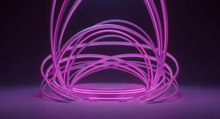 3d rendering, abstract geometric forms, purple neon lines, podium for product displayの素材