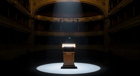 Illuminated wooden podium takes center stage under bright spotlight inside auditorium offering dramatic interior scenic theater viewの素材