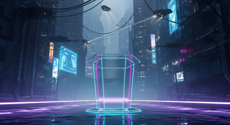 Neon lit podium in dark urban cityscape. Futuristic presentation stage with technology backdrop. Glowing event space and urban design.の素材