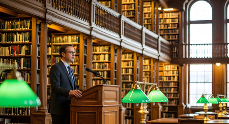 Man lecturing at podium in classic library Public speaking event Formal setting Book shelves backdrop academic presentation professional environment.の素材