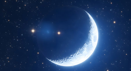 A serene crescent moon with starry night sky portraying celestial beauty nighttime wonder lunar phase astronomical spectacle tranquility.の素材