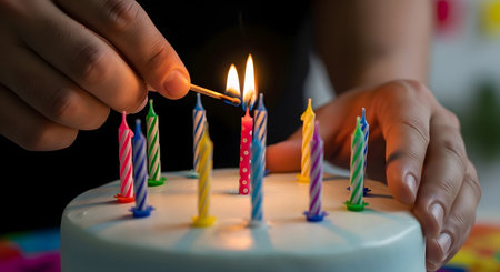 Igniting birthday cake candles symbolizes birthday celebration. Lighting ceremony adds festive touch to happy moment. Match ignites birthday fun.の素材