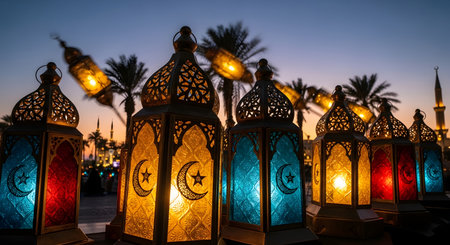 Ramadan lanterns featuring crescent moon and star pattern lit against night sky. Palm trees add serene cultural backdrop.の素材