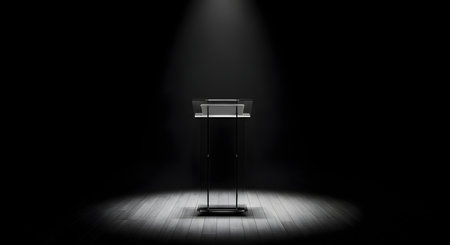 Empty sleek modern podium illuminated by spotlight on dark stage. Professional setting for public speaking presentation corporate event.の素材