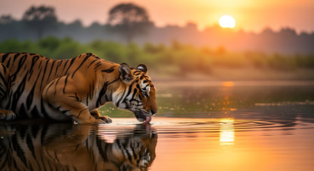 Magnificent Bengal tiger drinking from a still river at sunset, beautiful reflection on water surface with warm sky in background.の素材