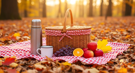 Picnic basket, red plaid blanket, autumn leaves, thermos, fruits, apples, grapes, orange, fall forest, outdoor meal.の素材