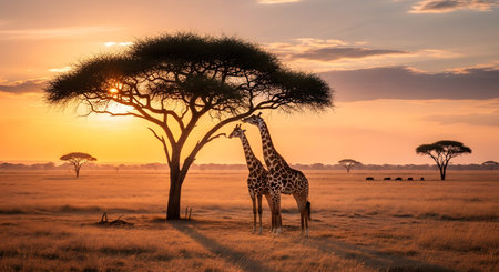Two giraffes stand under an acacia tree on the African savannah during a stunning golden hour sunset, wildlife scene.の素材