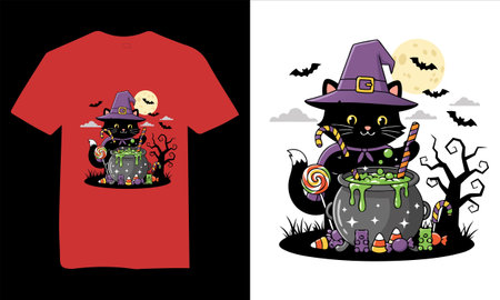 Halloween vector illustration with black cat in witch costume, hat and cauldron with potion.のイラスト素材