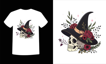 T-shirt print design with skull, flowers and witch hat.のイラスト素材