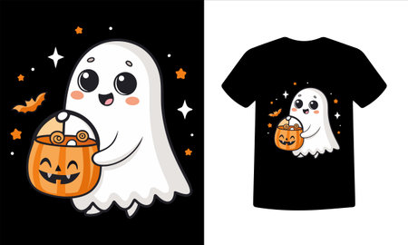 Cute ghost and pumpkin with black shirt on white and black backgroundのイラスト素材