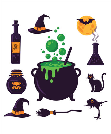 Halloween icons set. Witch cauldron with potion, witch hat, black cat, poison bottle, broomstick. Vector illustrationのイラスト素材