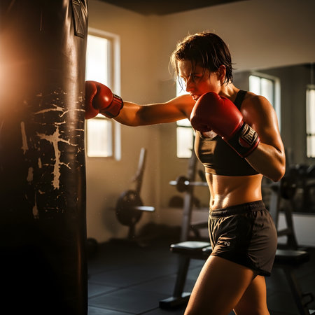 Young woman boxing with punching bag at gym. Sport and healthy lifestyle.の素材
