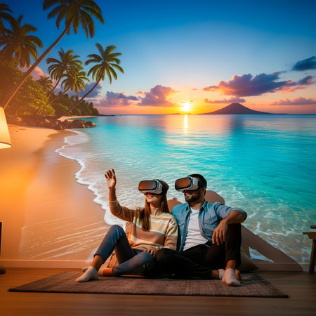 Couple in virtual reality headset on a tropical beach at sunset.の素材