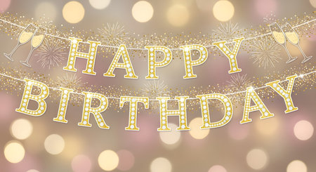 Happy Birthday typography with golden lights on bokeh background.の素材