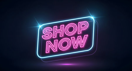 Glowing pink and blue neon sign advertisement featuring text shop now for retail purchase call to action marketing.の素材