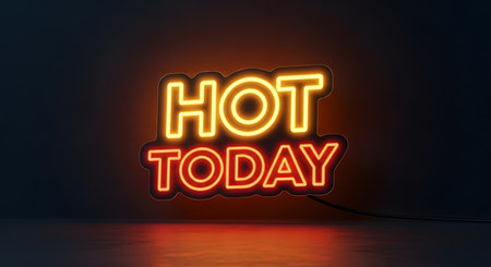 Illuminated glowing sign displaying hot today phrase with warm colors against dark background perfect for promotionsの素材