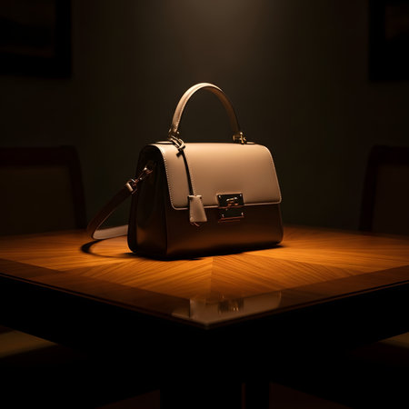 Luxury fashion accessory featuring top handle and shoulder strap placement on reflective wood for premium product presentationの素材