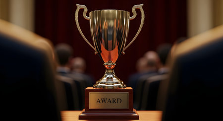 3D rendering of an award cup on a podium in a conference hallの素材
