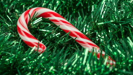 Candy canes on green tinsel as Christmas background, closeupの素材