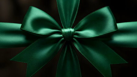 Green satin ribbon with bow on black background, close-upの素材