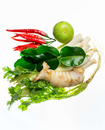 group of Tomyum(Thai food) seasoning ingredients on white background