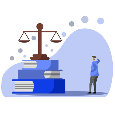 Concept of Law and Justice. Scales of justice, article books and laws. Supreme Court. Modern flat cartoon style. Vector illustrationのイラスト素材