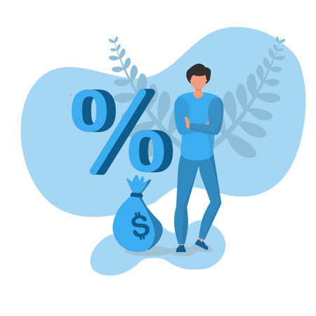 Tax payment, man standing beside a sack of money, debt payment, tax deduction concept, flat illustration vector template, suitable for background, landing page, advertising illustrのイラスト素材