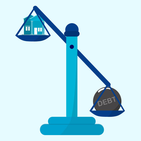 Debt concept. Financial planning. Scales to weigh the house and the iron ball as debt, the concept of the house being confiscated due to debt, the house guarantee debtのイラスト素材