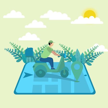 illustration of fast delivery with scooter on mobile. Order packages on E-commerce with the app. Courier tracking with map app. Vector illustration.のイラスト素材
