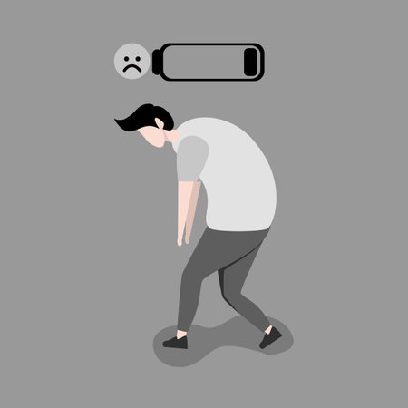 run out of energy. rest or recover. tired and weary workers. a man's energy is almost exhausted. a man who is not in a good moodのイラスト素材