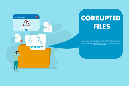 corrupted file concept, corrupted file illustration in front of frustrated people because the file is corrupt or corrupt, this design is suitable for poster, banner or background.のイラスト素材