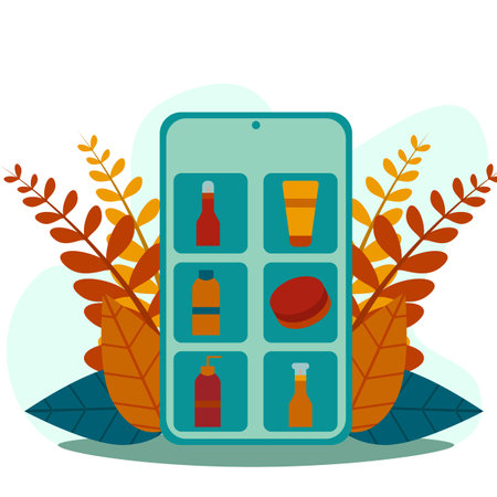 Online application on the mobile screen with a menu containing beauty products in beauty bottles, skin care products. buy beauty cream on phone screen.のイラスト素材