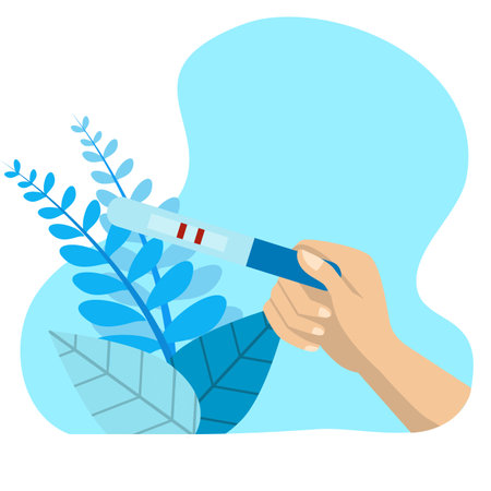woman's hand holding a positive test with two strips. Smiling pregnant woman planning baby flat vector illustration. Pregnancy, medicine concept for banner, website design or landiのイラスト素材