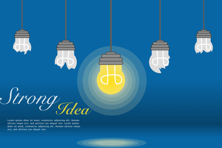 strong brilliant idea concept, strong brilliant idea illustration depicted on a shining lamp among broken lamps, this design is suitable for posters, banners or backgrounds and etcのイラスト素材