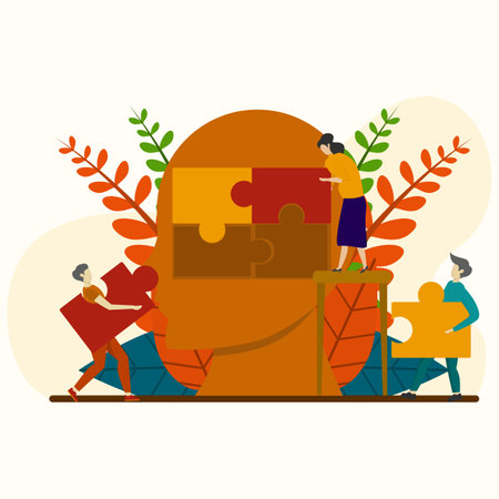 Flat concept illustration. The business team makes a jigsaw puzzle in the shape of a head. Business team building puzzles in the shape of heads.のイラスト素材