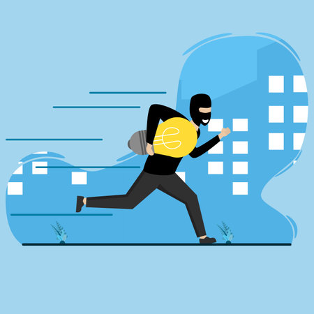 concept Stealing ideas or plagiarism, intellectual property piracy or infringement, male thief in black running with the idea of stealing a light bulb from another owner.のイラスト素材